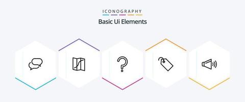 pack d'icônes de 25 lignes d'éléments d'interface utilisateur de base, y compris le haut-parleur. billet. aider. étiquette. le prix vecteur