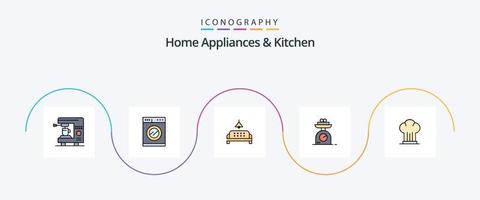 appareils électroménagers et ligne de cuisine remplis de 5 icônes plates, y compris cuisinière. casquette. meubles. masse. escalader vecteur