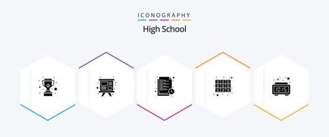 pack d'icônes de 25 glyphes de lycée, y compris l'alarme. des dossiers. temps de lecture. meubles. armoire vecteur