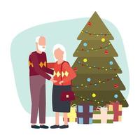 grands-parents mignons avec arbre de Noël vecteur