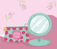 maquillage cosmétique produit mode beauté sac cosmétique et dessin animé miroir vecteur