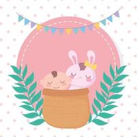 baby shower, petit garçon et lapin dans le panier, célébration bienvenue nouveau-né vecteur