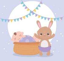 baby shower, petit garçon dans le panier et lapin avec couche, célébration bienvenue nouveau-né vecteur