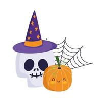 joyeux halloween, crâne avec chapeau citrouille et toile d'araignée, fête de fête vecteur