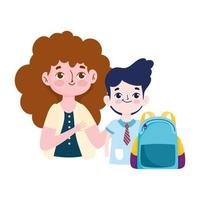 bonne journée des enseignants, enseignant et élève garçon avec dessin animé de sac à dos vecteur