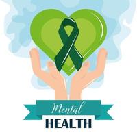 journée de la santé mentale, mains avec coeur vert et ruban, traitement médical de psychologie vecteur