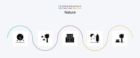 pack d'icônes glyphe nature 5 comprenant un arbre. la nature. camp. banc. nuit vecteur