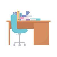 Espace de travail chaise de bureau livres de bureau et tasse de café design isolé fond blanc vecteur