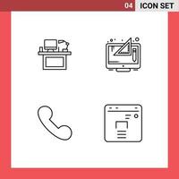 ligne d'interface mobile ensemble de 4 pictogrammes de table de moniteur numérique d'ordinateur pensant éléments de conception vectoriels modifiables vecteur