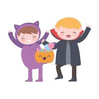 joyeux halloween, fille chat et garçon dracula costumes avec des bonbons à la citrouille vecteur