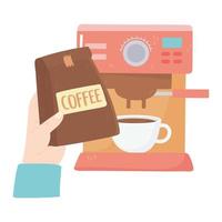 journée internationale du café, main avec tasse et machine d'emballage vecteur