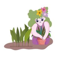 jardin heureux, fille avec des fleurs dans les cheveux et planter des plantes en pot vecteur