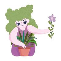jardin heureux, fille planter des plantes en pot avec une fleur à la main vecteur