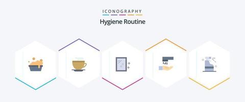 routine d'hygiène 25 pack d'icônes plates comprenant le produit. nettoyage. miroiter. vaporisateur. lavage vecteur