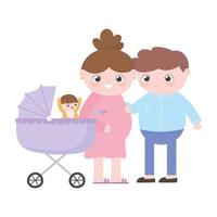 grossesse et maternité, papa et maman enceinte avec bébé en landau vecteur