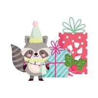 Joyeux Noël, raton laveur mignon avec des cadeaux et isolement d'icône de canne à sucre