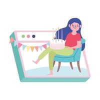 fête en ligne, fille avec gâteau assis sur une chaise célébration de réunion de site Web vecteur