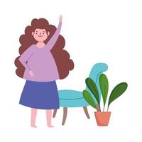 femme heureuse dans la chambre avec des plantes dessin animé fond blanc isolé vecteur