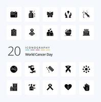 20 pack d'icônes de glyphes solides de la journée mondiale du cancer comme la médecine des tablettes donne le monde du jour vecteur