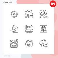 contour de l'interface mobile ensemble de 9 pictogrammes d'éléments de conception vectoriels modifiables de stéthoscope de stylo de savon d'école de construction vecteur