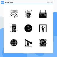 interface mobile glyphe solide ensemble de 9 pictogrammes d'éléments de conception vectoriels modifiables d'énergie de film d'accumulateur de jeu multimédia vecteur