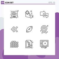 ensemble de pictogrammes de 9 contours simples d'éléments de conception vectoriels modifiables à l'arrière du courrier de football de rugby vecteur
