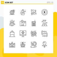 contour de l'interface mobile ensemble de 16 pictogrammes de bouteille de lotion de jardinage pour plantes en pot éléments de conception vectoriels modifiables pièce d'un dollar mondial vecteur
