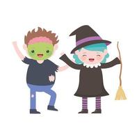 joyeux halloween, enfants avec dessin animé de costumes de zombies et de sorcières vecteur