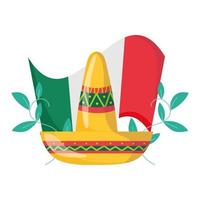 fête de l'indépendance mexicaine, décoration florale chapeau et drapeau, célébrée en septembre vecteur