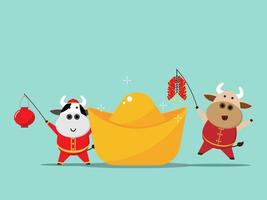 joyeux nouvel an chinois, année du boeuf vache mignonne tenant une lanterne et un cracker de feu vecteur