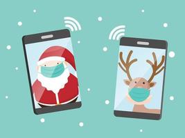 Père Noël et renne avec masque chirurgical appelant sur smartphone vecteur