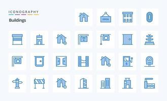 pack d'icônes bleues de 25 bâtiments vecteur
