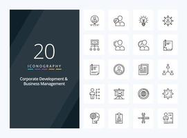 20 icône de contour de développement d'entreprise et de gestion d'entreprise pour la présentation vecteur