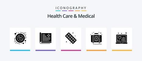 pack d'icônes de soins de santé et de glyphes médicaux 5, y compris la boîte. première. médical. urgence. tablette. conception d'icônes créatives vecteur