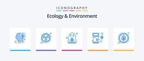 pack d'icônes bleu écologie et environnement 5, y compris la feuille. pompe. biologique. essence. buse. conception d'icônes créatives vecteur