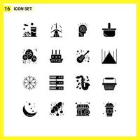 pack de 16 signes et symboles de glyphes solides modernes pour les supports d'impression Web tels que les éléments de conception vectoriels modifiables de chapeau de nourriture de moulin à vent de vacances de ballon vecteur