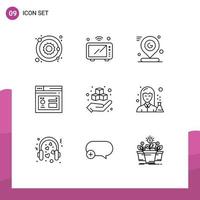 aperçu de l'interface mobile ensemble de 9 pictogrammes de base de données de pages emplacement du navigateur wifi éléments de conception vectoriels modifiables vecteur