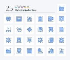 marketing et publicité pack de 25 icônes de couleur bleue, y compris le marketing. un d. commercialisation. papier. Contrat vecteur