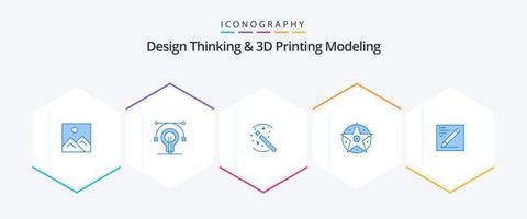 design thinking et d printing modeling 25 pack d'icônes bleues comprenant un crayon. Star. des trucs. projet. pentacle vecteur