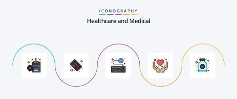 pack d'icônes plat rempli de 5 lignes médicales, y compris des pilules. cœur. attacher. mains. un service vecteur