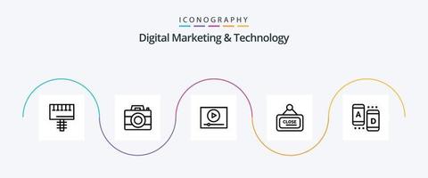 pack d'icônes de la ligne 5 de marketing numérique et de technologie, y compris le marketing. Fermer. vidéo. pancarte. commercialisation vecteur