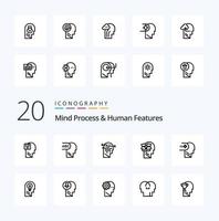 20 processus de l'esprit et pack d'icônes de la ligne des fonctionnalités humaines comme la tête humaine de la couche de fonctionnalités unbox vecteur