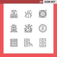 symboles d'icônes universels groupe de 9 contours modernes de porte d'étude de bâtiment scolaire éléments de conception vectoriels modifiables à la maison vecteur