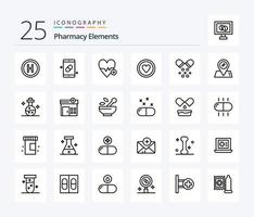 Pack d'icônes de 25 lignes d'éléments de pharmacie, y compris l'amour. Médicament . plus. battement de coeur vecteur