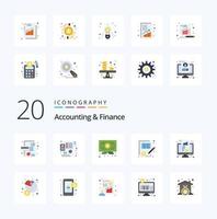 20 pack d'icônes couleur plat comptabilité et finance comme l'argent prix de l'équilibre de planification des documents vecteur