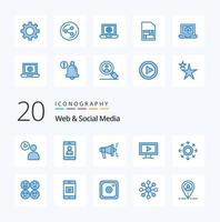 20 pack d'icônes de couleur bleue pour le web et les médias sociaux comme la vidéo de données de référencement de cercle vecteur