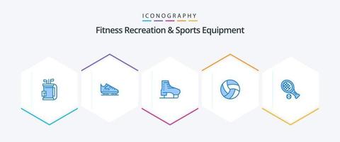 équipement de loisirs et de sport de fitness pack de 25 icônes bleues, y compris le sport. raquette. patins. Balle. volley-ball vecteur