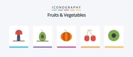 pack d'icônes plat 5 fruits et légumes comprenant. tropical. cerise. kiwi. des fruits. conception d'icônes créatives vecteur