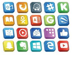 20 pack d'icônes de médias sociaux, y compris comme boîte de réception odnoklassniki video finder vecteur