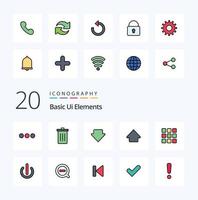 20 éléments d'interface utilisateur de base remplis de ligne pack d'icônes de couleur comme la forme de la flèche de téléchargement de la corbeille web vecteur